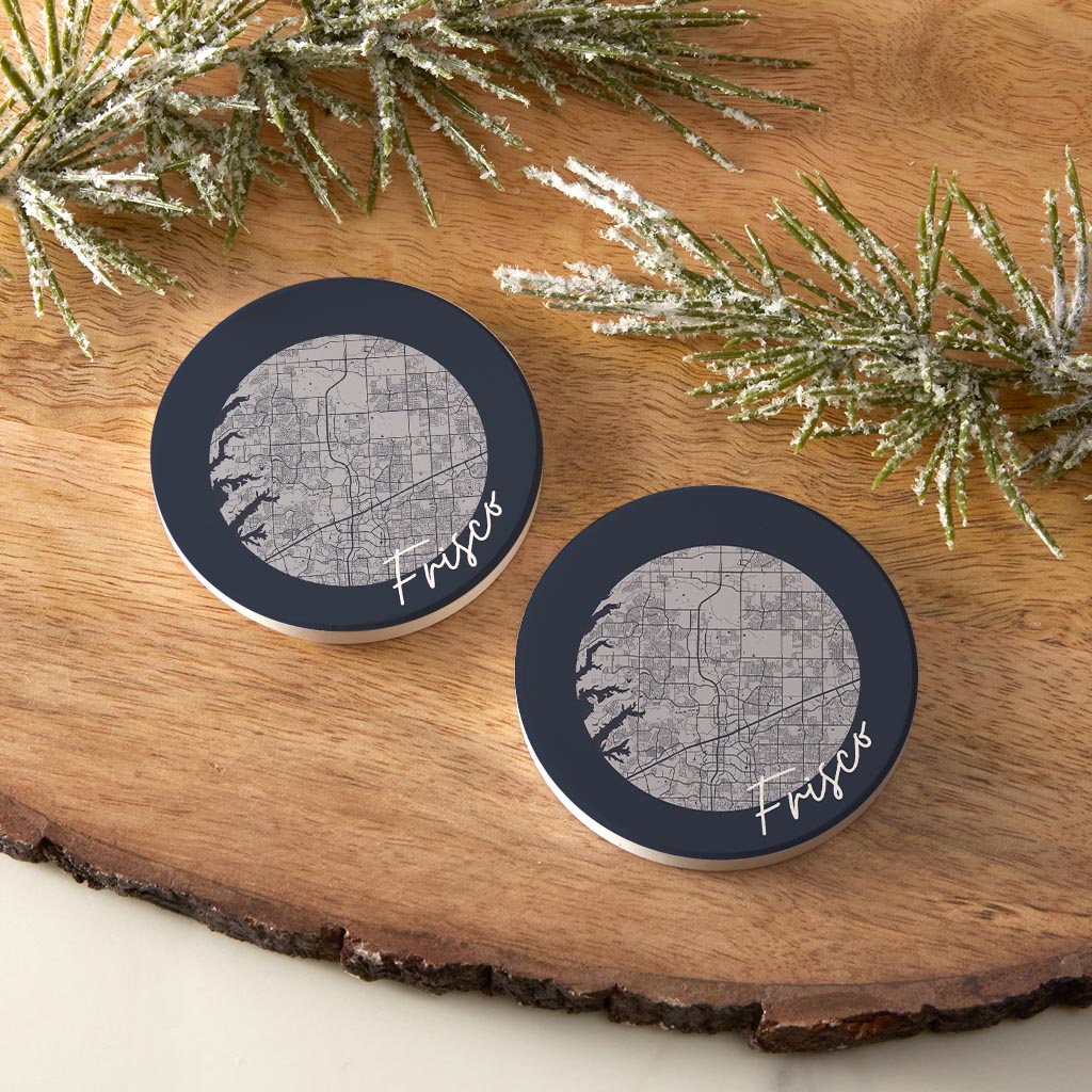 Modern Minimalist Texas Colors Frisco Circle Map | Absorbent Car Coasters | Set of 2 | Min 4