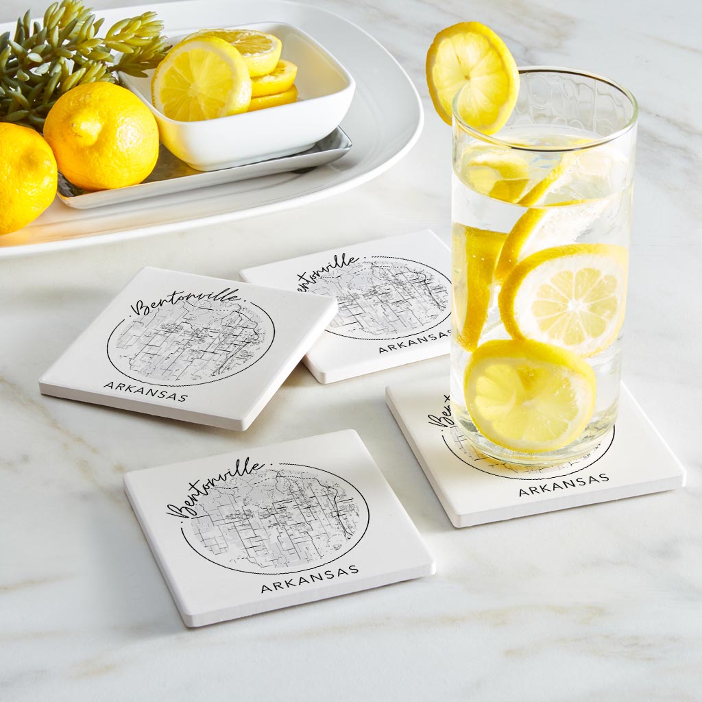 Minimalist B&W Arkansas Bentonville Circle Map State | Absorbent Coasters | Set of 4 | Min 2