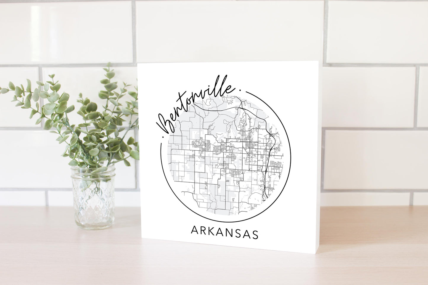 Minimalist B&W Arkansas Bentonville Circle Map State | Wood Block | Eaches | Min 2