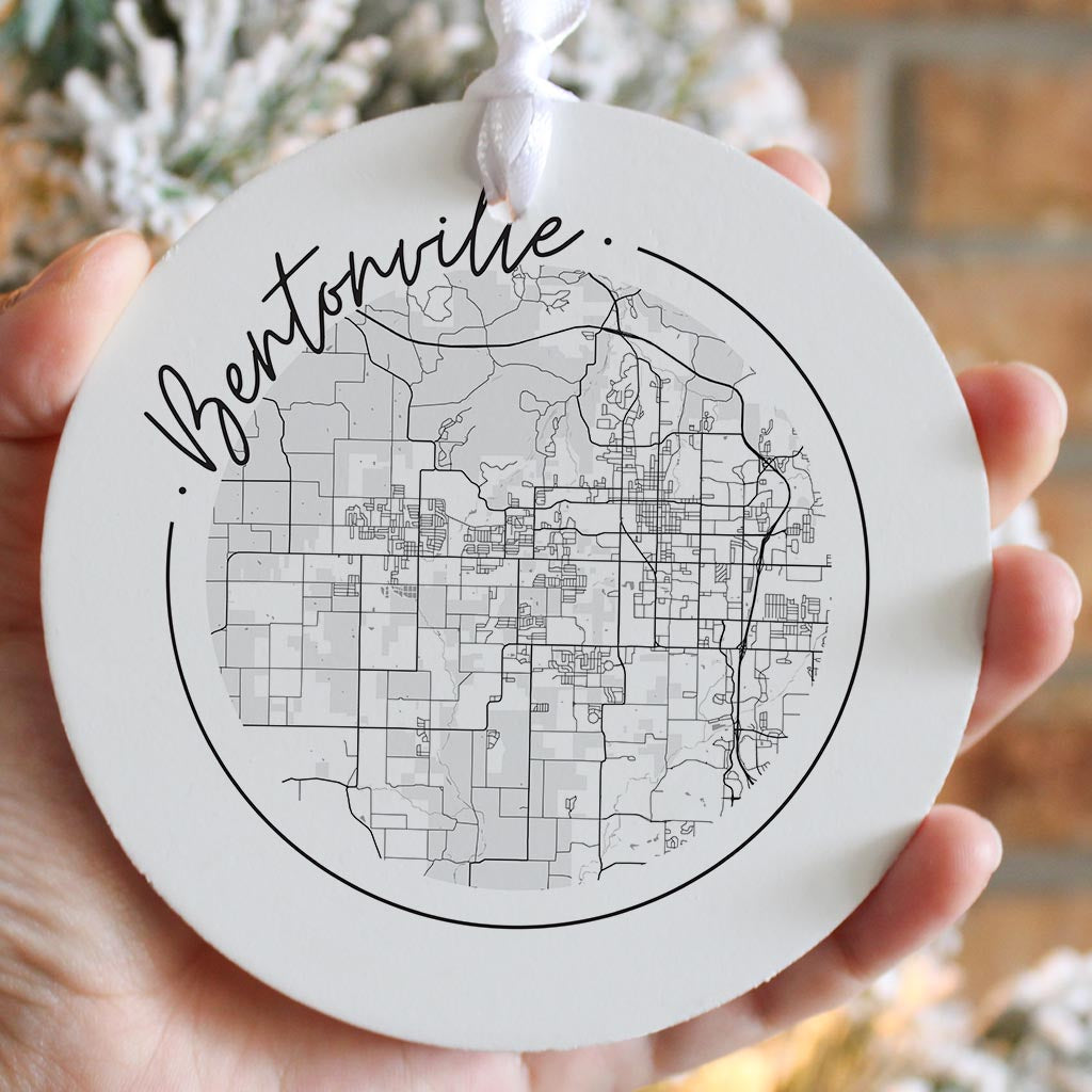Minimalist B&W Arkansas Bentonville Circle Map | Wood Ornament | Eaches | Min 6