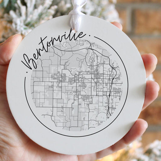 Minimalist B&W Arkansas Bentonville Circle Map | Wood Ornament | Eaches | Min 6
