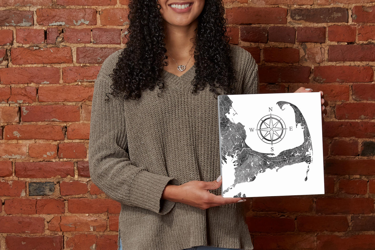 Minimalistic B&W Cape Cod Map With Compass | Wood Block | Eaches | Min 2