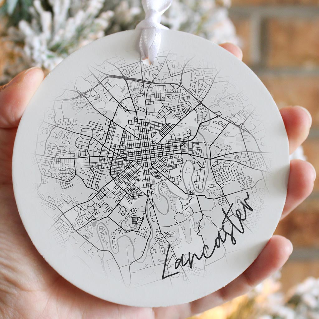 Minimalistic B&W Pennsylvania Lancaster Circle Map| Wood Ornament | Eaches | Min 6