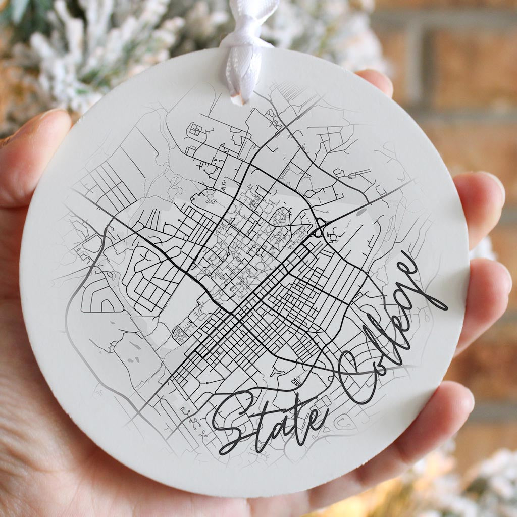 Minimalistic B&W Pennsylvania State College Circle Map | Wood Ornament | Eaches | Min 6