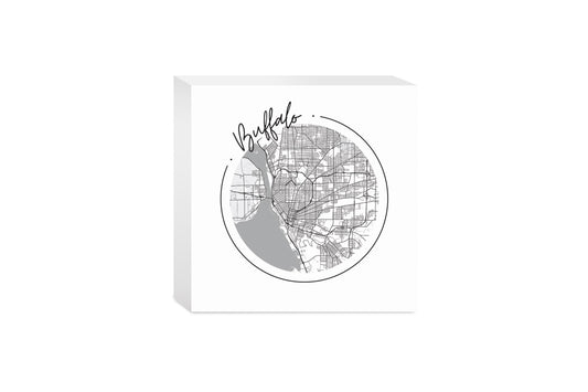 Minimalistic B&W New York Buffalo Circle Map | Wood Block | Eaches | Min 4