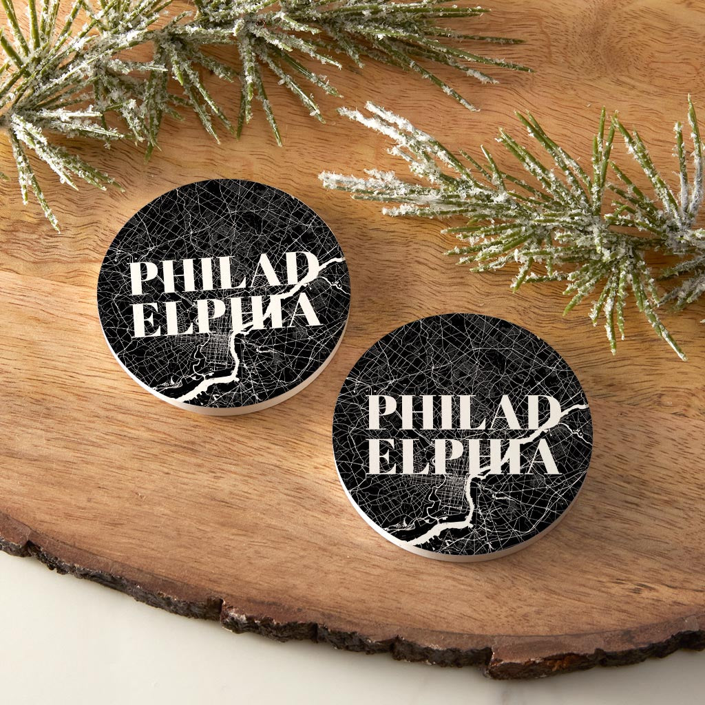 Minimalistic B&W Pennsylvania Philadelphia Map | Absorbent Car Coasters | Set of 2 | Min 4
