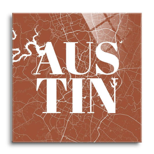 Modern Minimalist Texas Austin Map | Hi-Def Glass Art | Eaches | Min 1