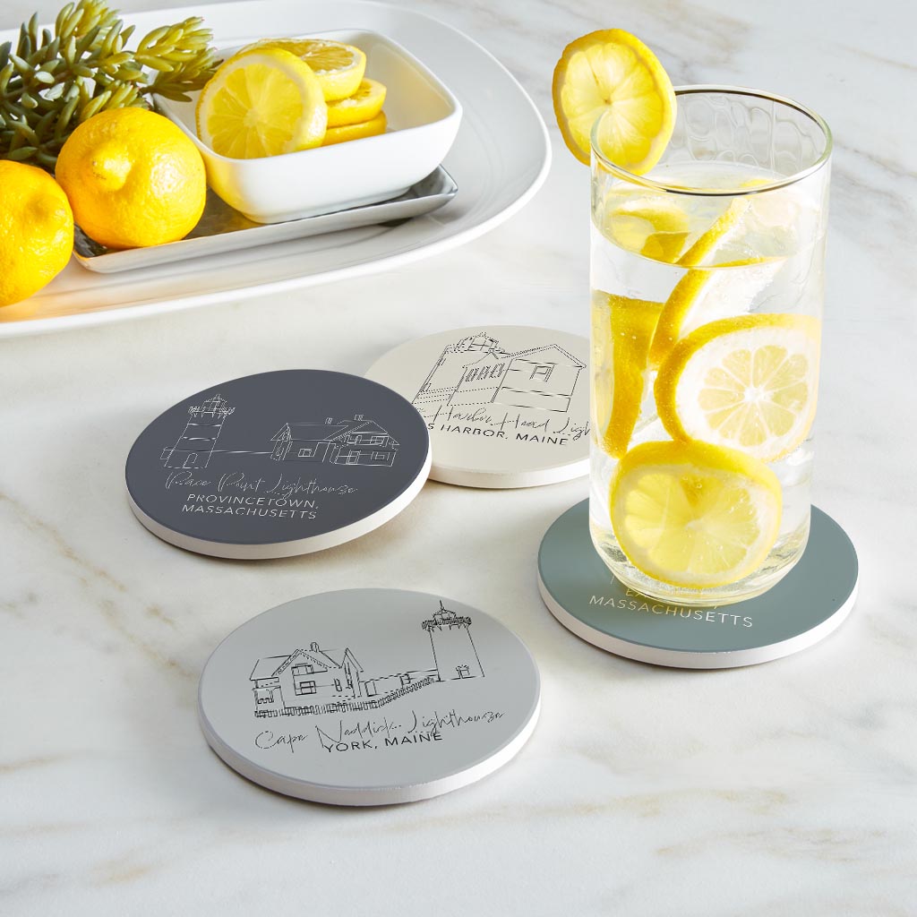 New England Lighthouses Muted Coastal | Absorbent Coasters | Set of 4 | Min 2