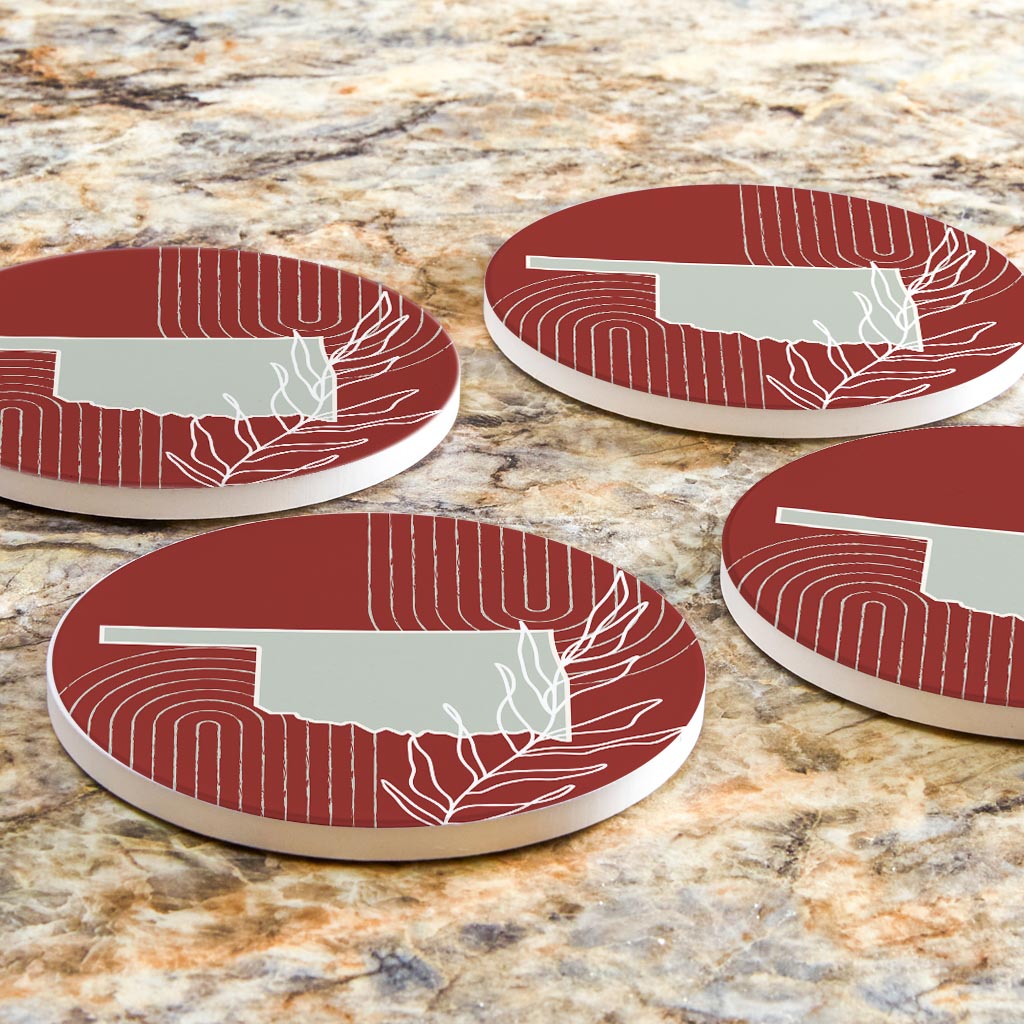 Modern Minimalist Oklahoma State Shape With Leaf | Absorbent Coasters | Set of 4 | Min 2