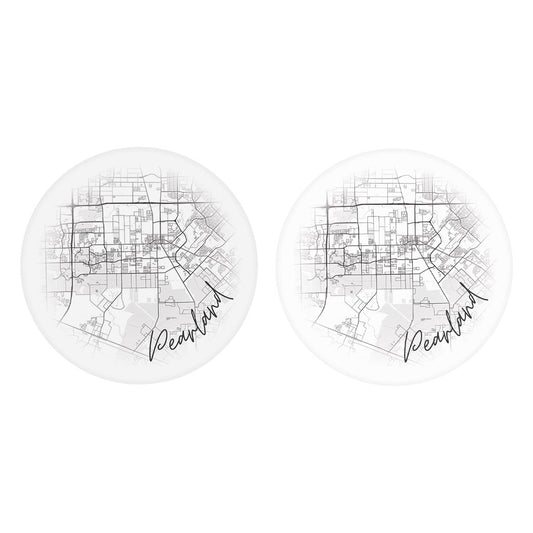 Minimalistic B&W Texas Pearland City Circle Map | Absorbent Car Coasters | Set of 2 | Min 4