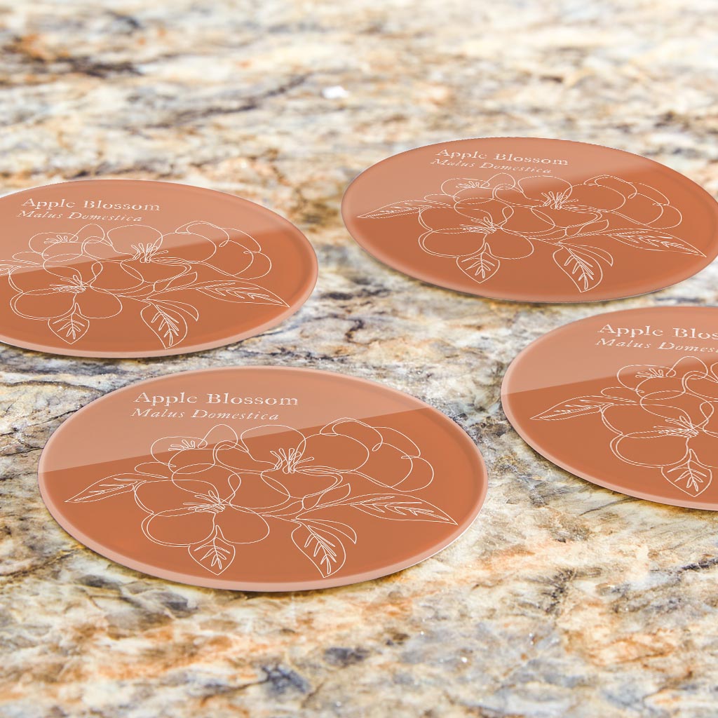 Modern Minimalist Arkansas Single Line Apple Blossoms| Hi-Def Glass Coasters | Set of 4 | Min 2