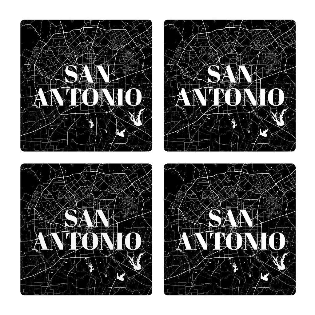 Minimalistic B&W Texas San Antonio Map | Absorbent Coasters | Set of 4 | Min 2