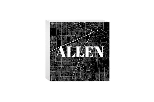 Minimalistic B&W Texas Allen Map | Wood Block | Eaches | Min 4