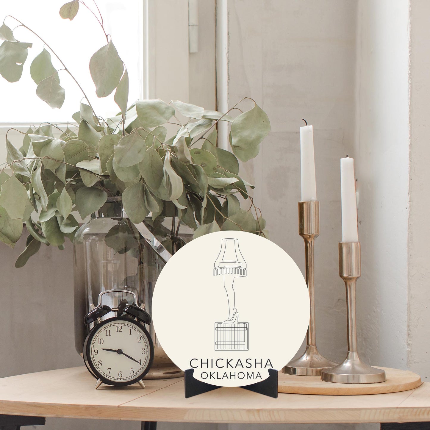 Modern Minimalist Oklahoma Chickasha Leg Lamp | Wood Sign | Eaches | Min 1