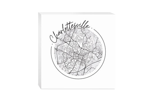 Minimalistic B&W Virginia Charlottesville Circle Map | Wood Block | Eaches | Min 2