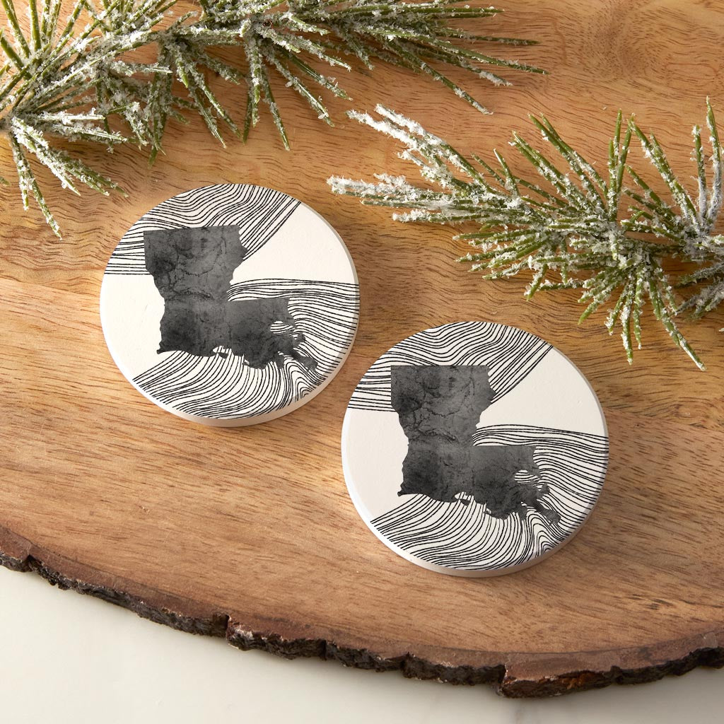 Modern Louisiana State Shape With Fluid Lines| Absorbent Car Coasters | Set of 2 | Min 4