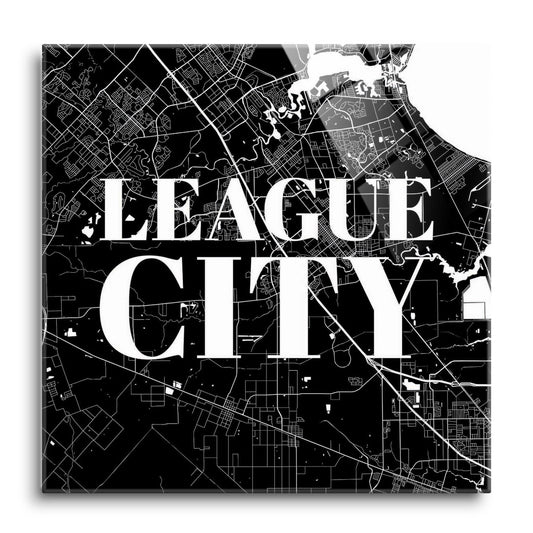 Minimalistic B&W Texas League City Map | Hi-Def Glass Art | Eaches | Min 1