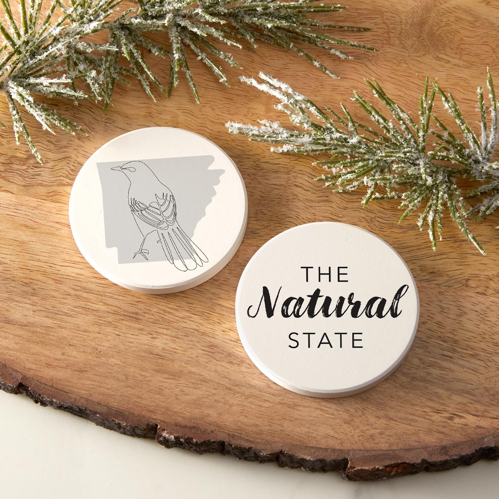B&W Minimalist Arkansas Bird The Natural State | Absorbent Car Coasters | Set of 2 | Min 4