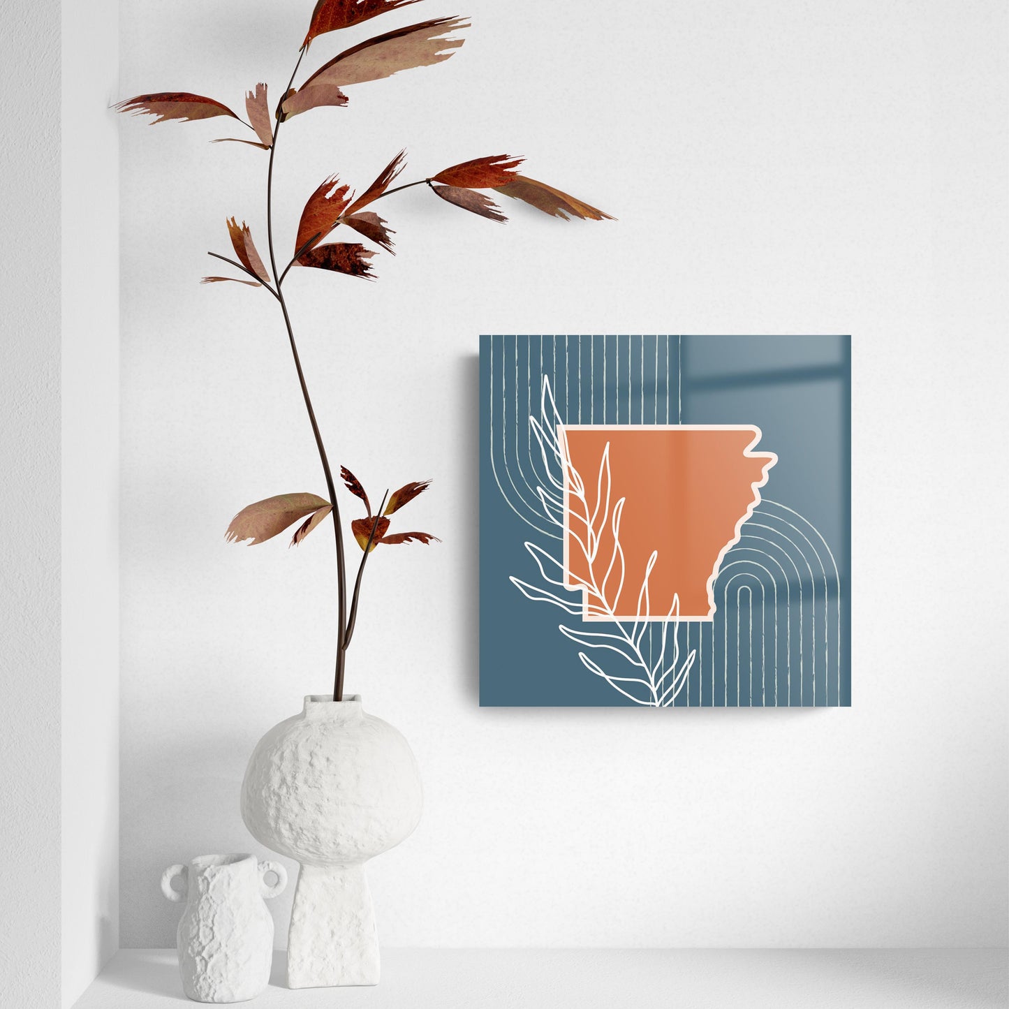 Modern Minimalist Arkansas State Shape With Leaf | Hi-Def Glass Art | Eaches | Min 2