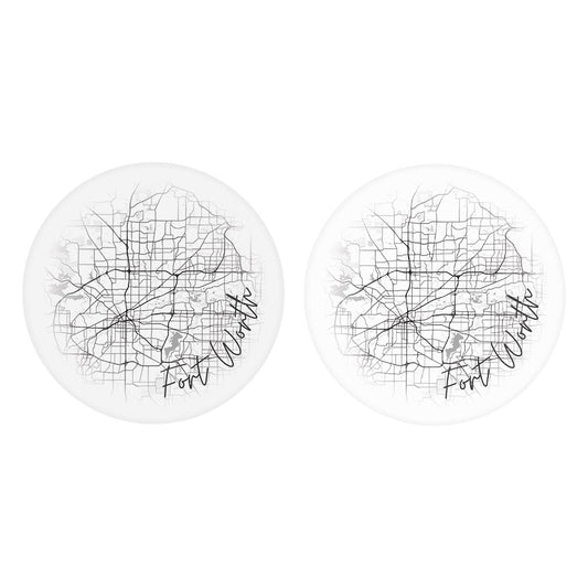 Minimalistic B&W Texas Fort Worth Circle Map | Absorbent Car Coasters | Set of 2 | Min 4