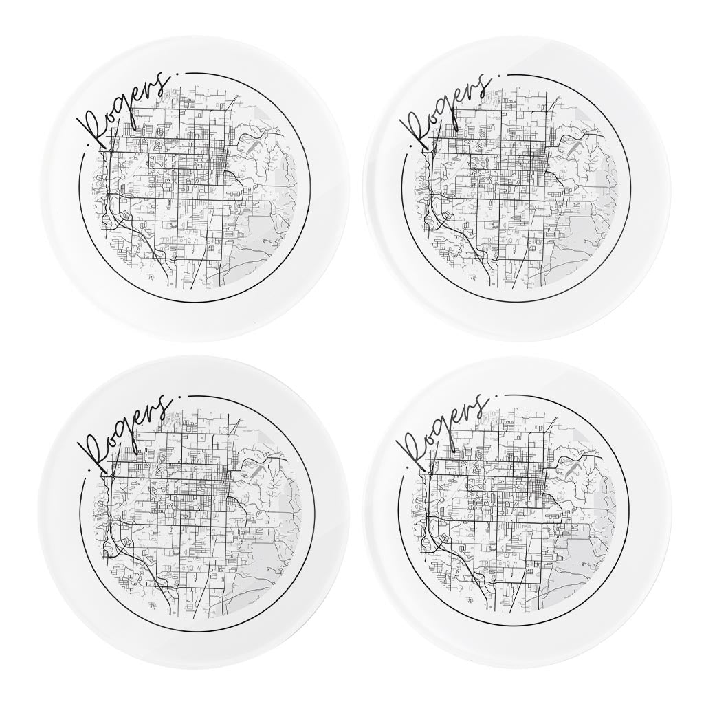 Minimalist B&W Arkansas Rogers Circle Map | Hi-Def Glass Coasters | Set of 4 | Min 2