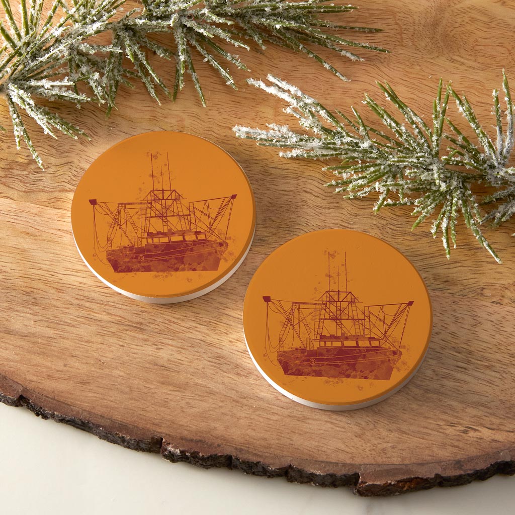 Louisiana Colorful Water Color Shrimp Boat | Absorbent Car Coasters | Set of 2 | Min 4