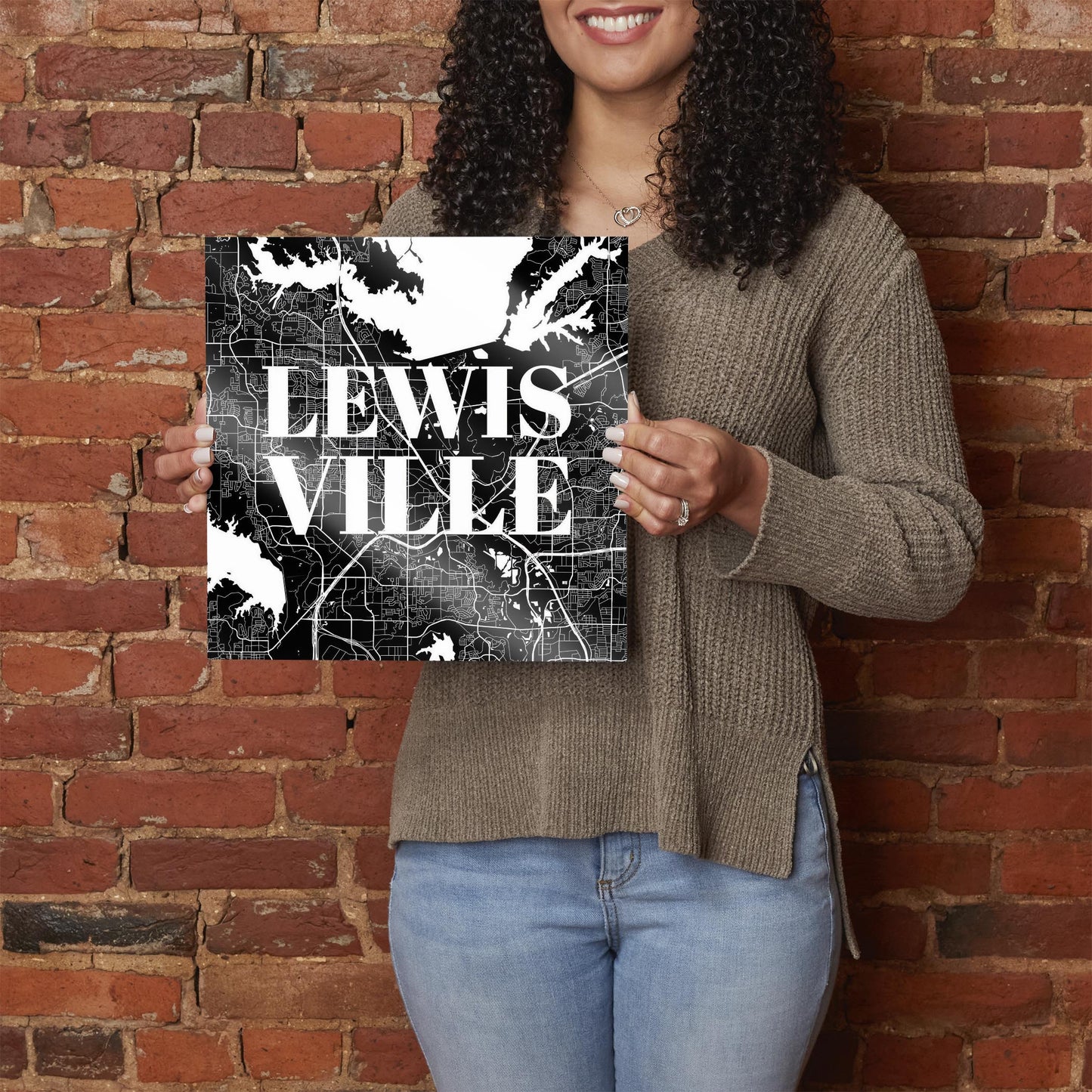 Minimalistic B&W Texas Lewisville Map | Hi-Def Glass Art | Eaches | Min 1
