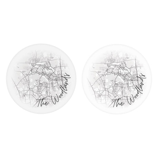 Minimalistic B&W Texas The Woodlands Circle Map | Absorbent Car Coasters | Set of 2 | Min 4