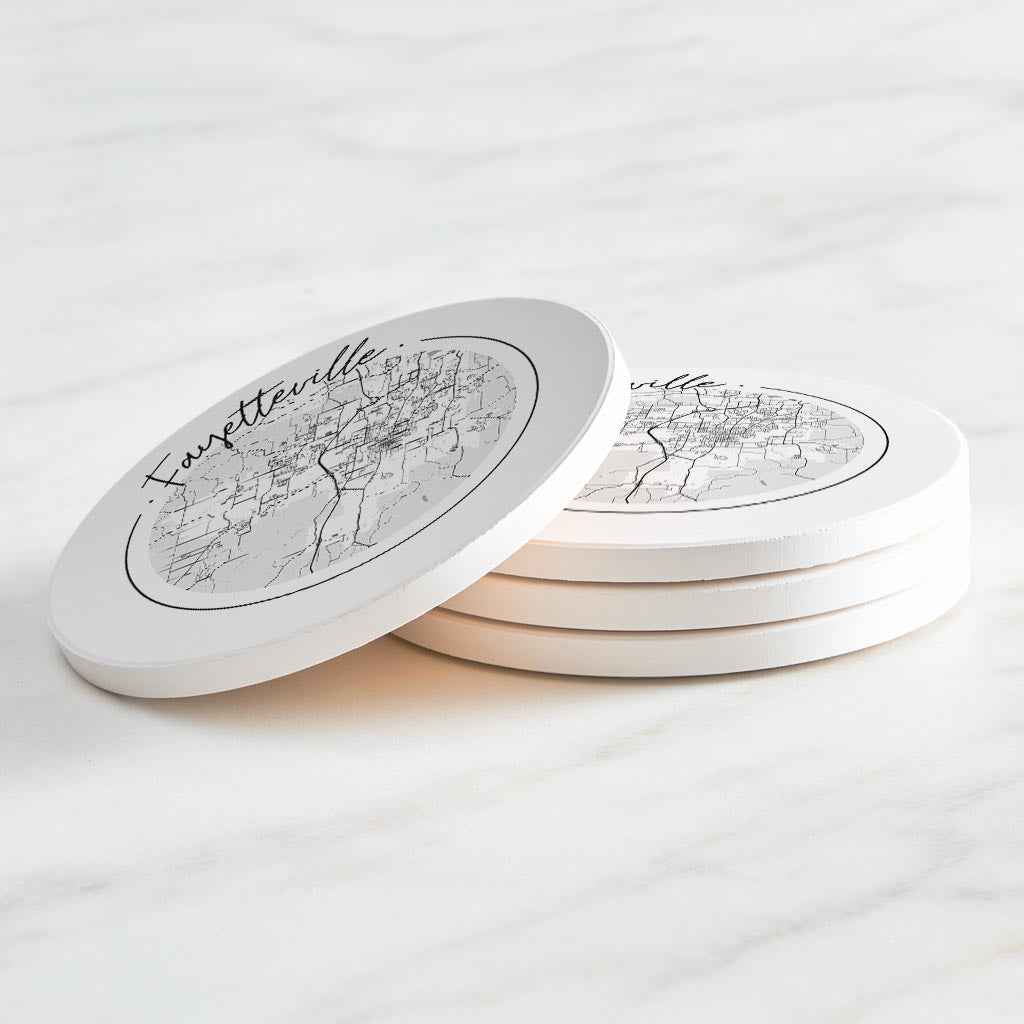 B&W Minimalist Arkansas Fayetteville Circle Map| Absorbent Coasters | Set of 4 | Min 2