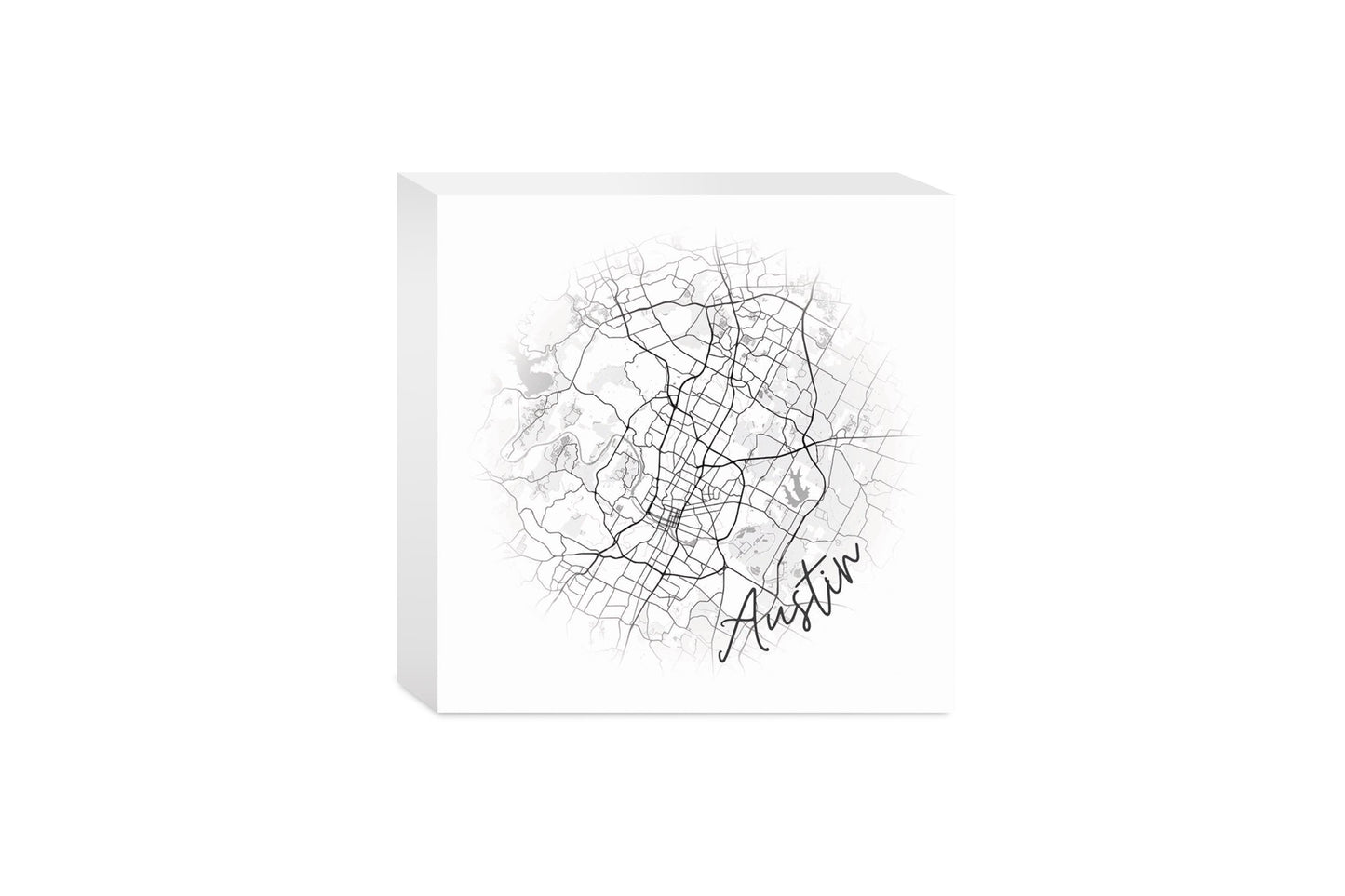 Minimalistic B&W Texas Austin Circle Map | Wood Block | Eaches | Min 4