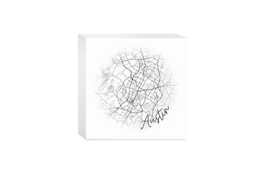 Minimalistic B&W Texas Austin Circle Map | Wood Block | Eaches | Min 4