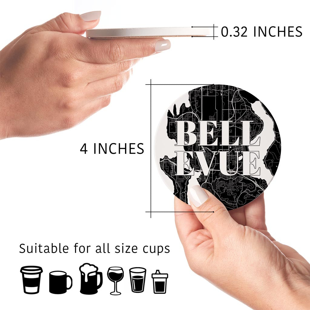 Minimalistic B&W Washington Bellevue Map | Absorbent Coasters | Set of 4 | Min 2