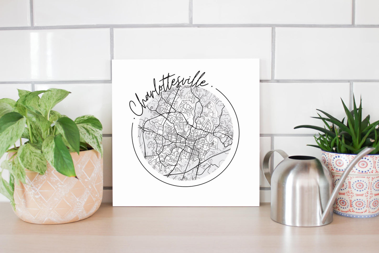 Minimalistic B&W Virginia Charlottesville Circle Map | Wood Sign | Eaches | Min 2