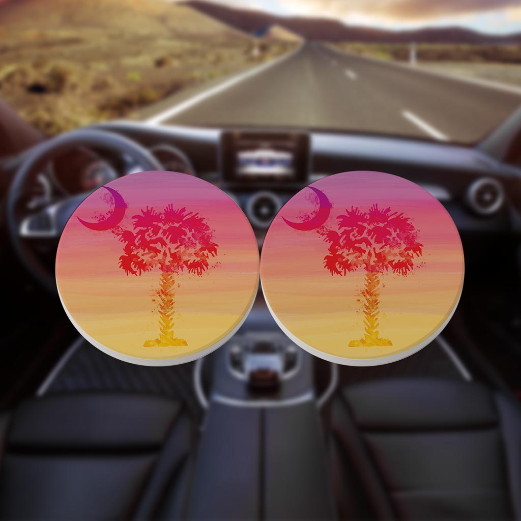 South Carolina Pink Water Color Palm Trees | Absorbent Car Coasters | Set of 2 | Min 4