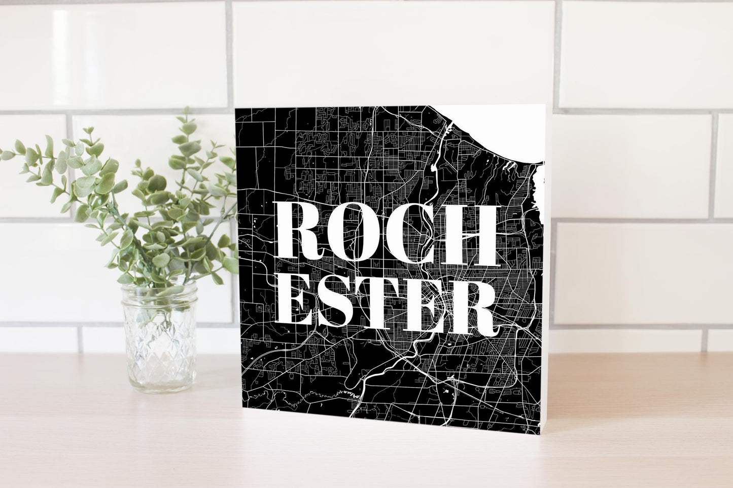 Minimalistic B&W New York Rochester Map | Wood Block | Eaches | Min 2