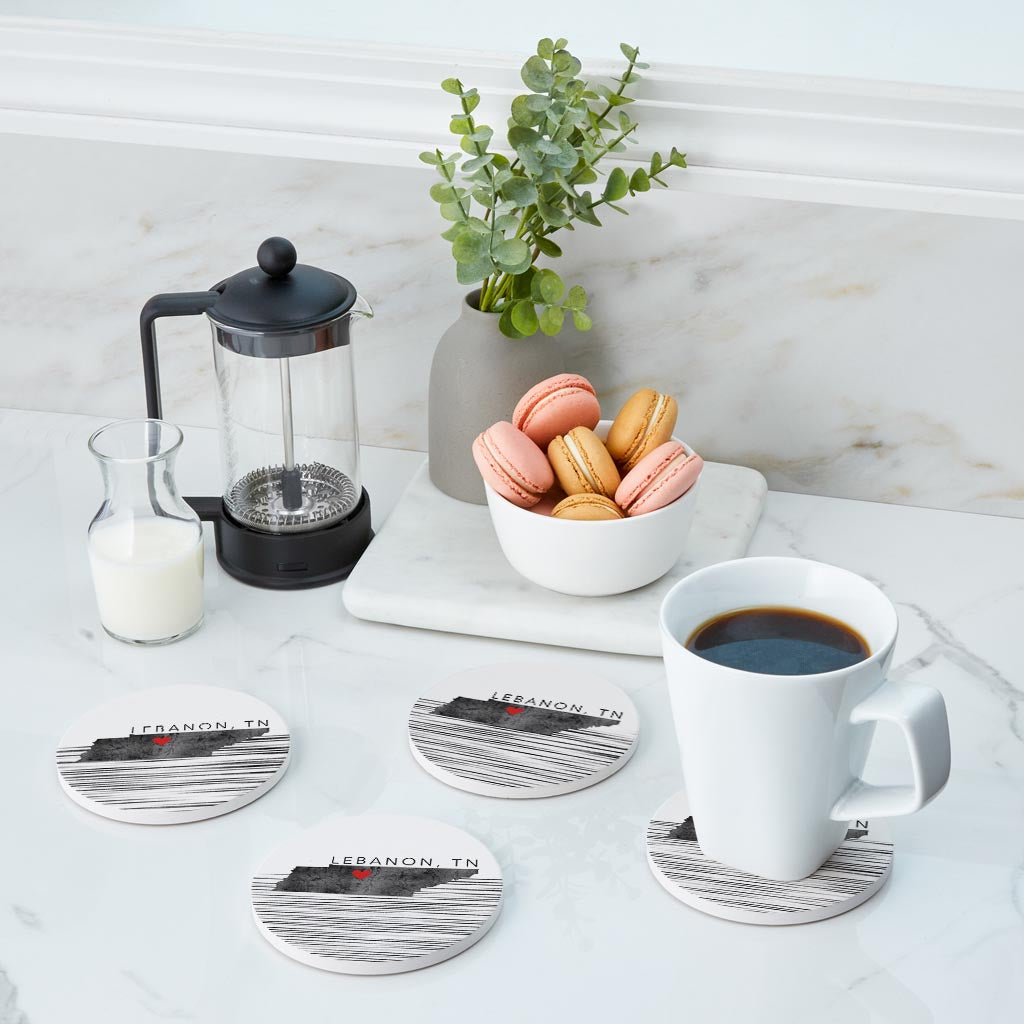 Minimalist B&W Tennessee State Lebanon Heart | Absorbent Coasters | Set of 4 | Min 2