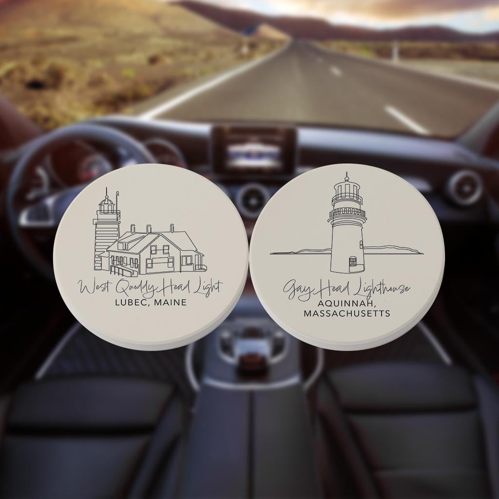 New England Lighthouses Cream Colored | Absorbent Car Coasters | Set of 2 | Min 4