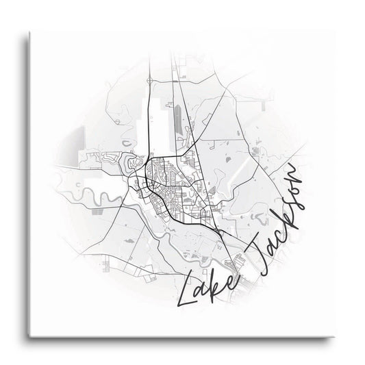 Minimalistic B&W Texas Lake Jackson Circle Map | Hi-Def Glass Art | Eaches | Min 1