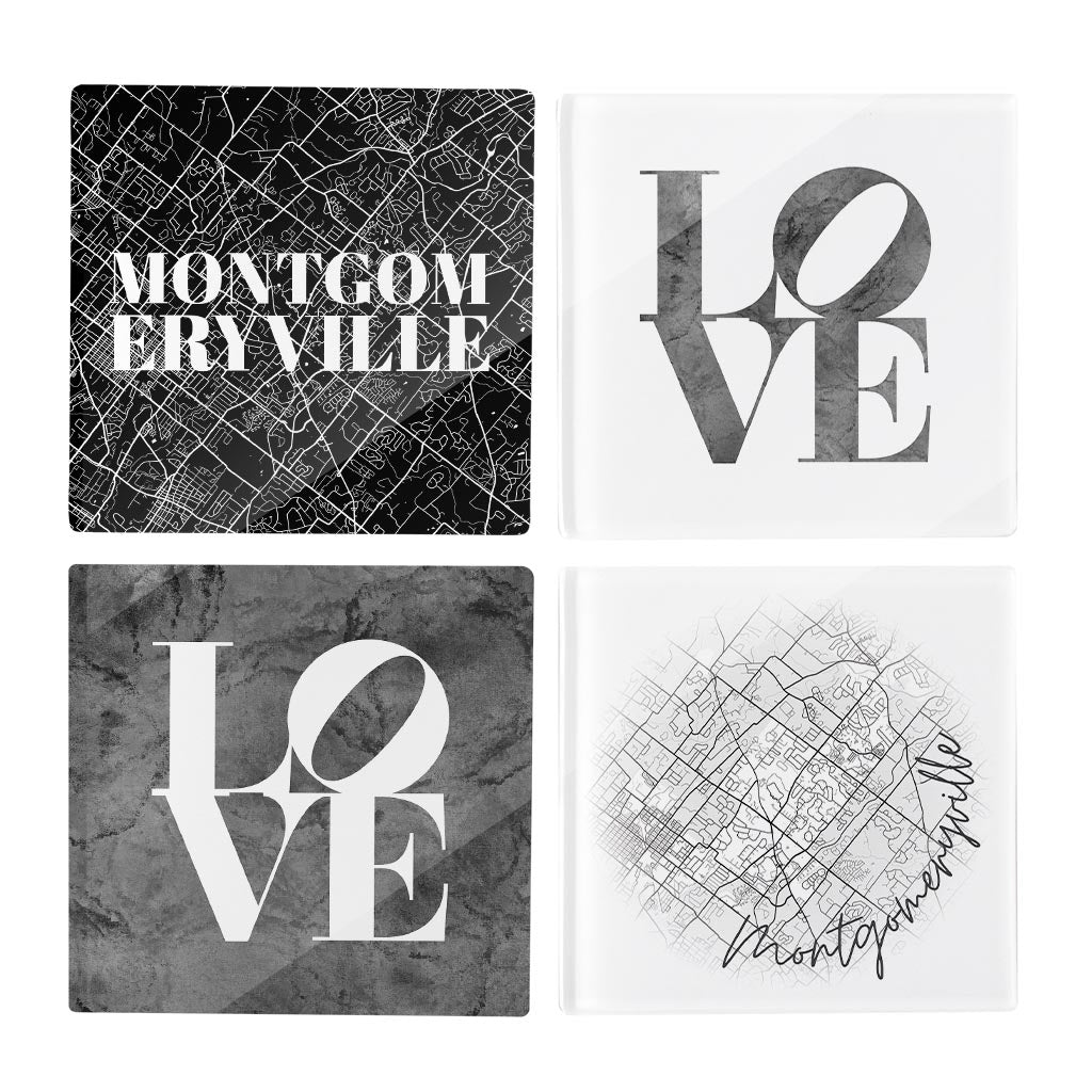 Minimalistic B&W Pennsylvania Montgomeryville Maps Love | Hi-Def Glass Coasters | Set of 4 | Min 2