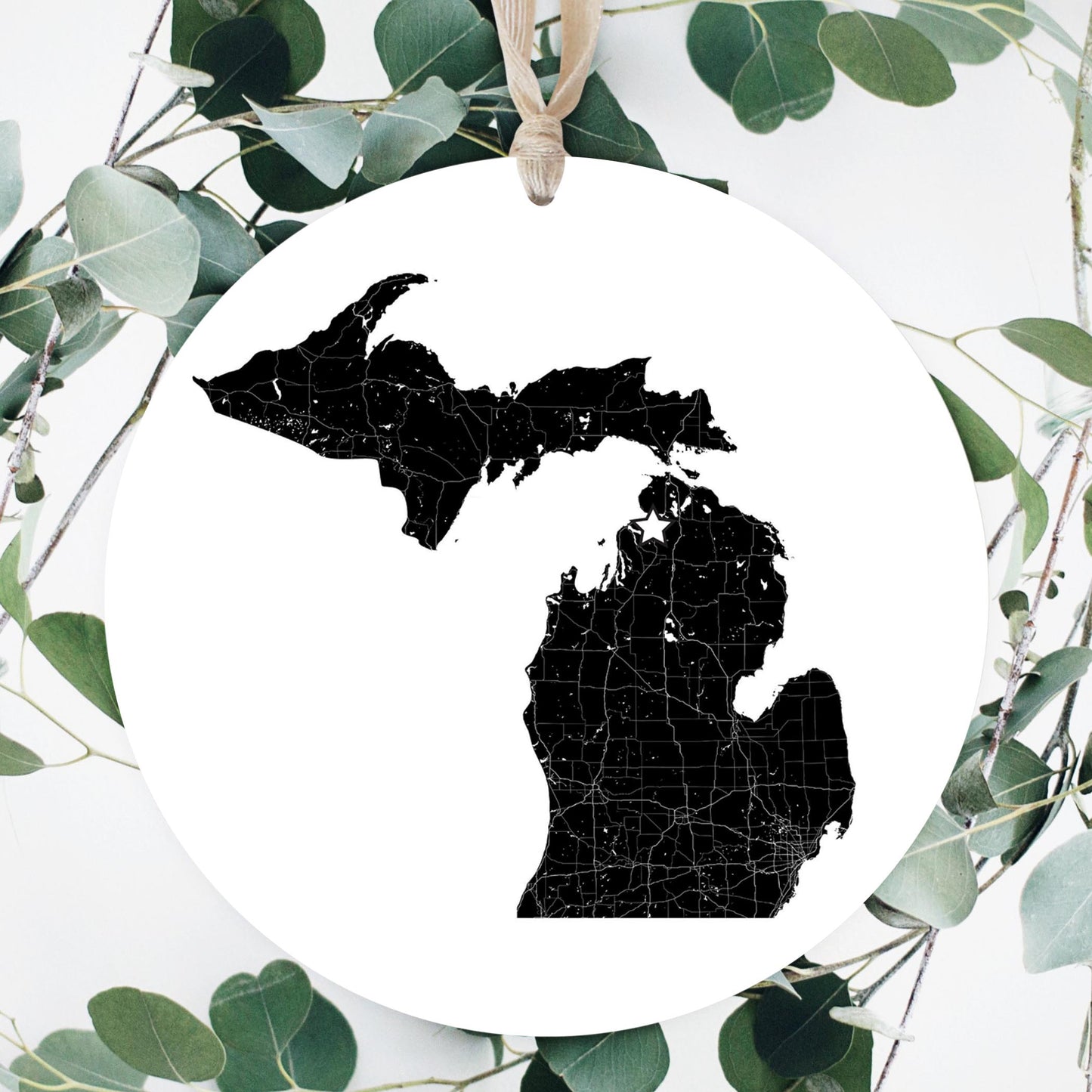 Minimalistic B&W Michigan Map Petoskey Star | Wood Ornament | Eaches | Min 1