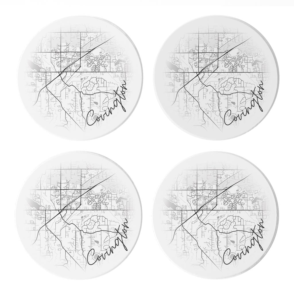 Minimalistic B&W Washington Covington Circle Map | Absorbent Coasters | Set of 4 | Min 2
