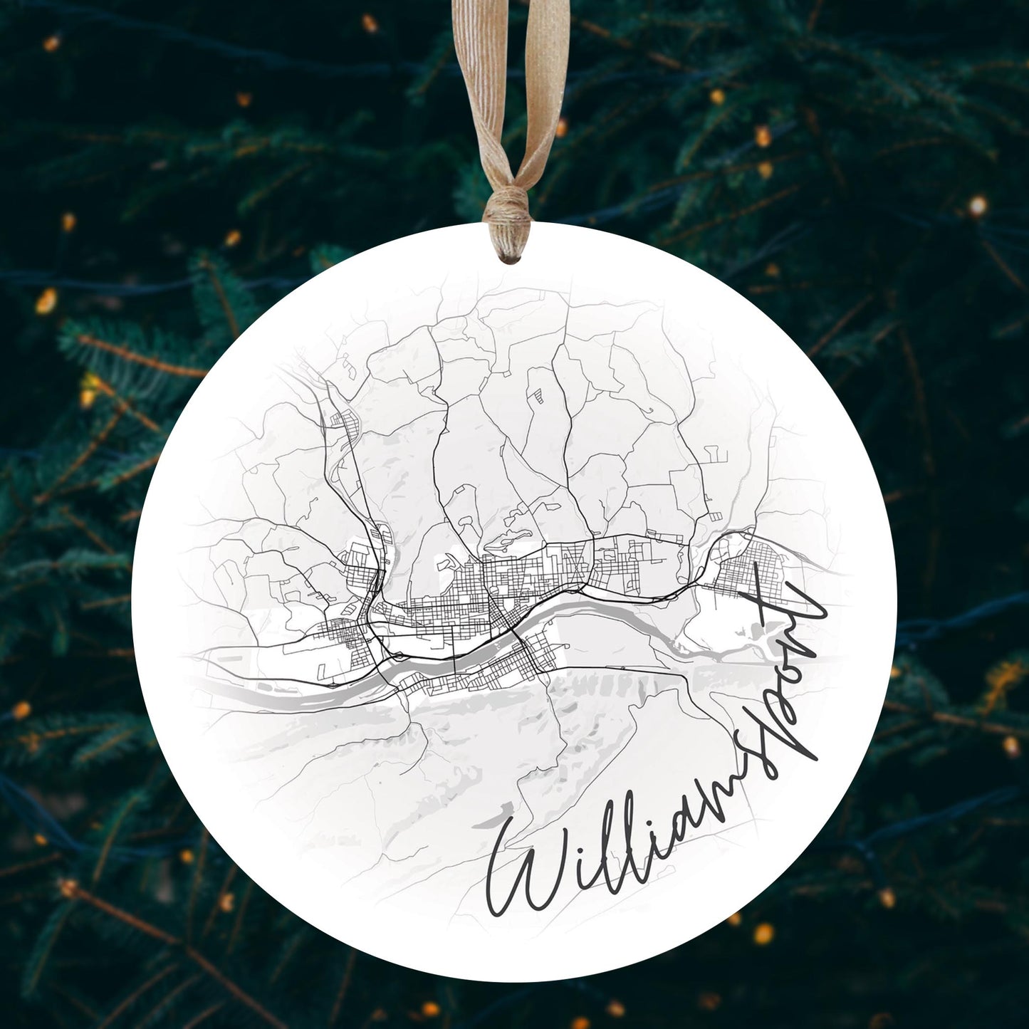 Minimalistic B&W Pennsylvania Williamsport Circle Map | Wood Ornament | Eaches | Min 1