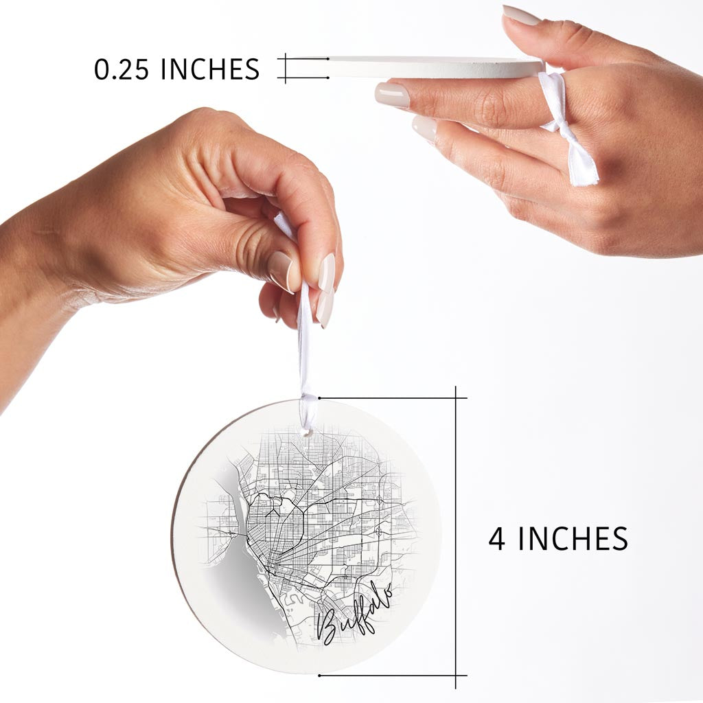 Minimalistic B&W New York Buffalo Faded Circle Map | Wood Ornament | Eaches | Min 6
