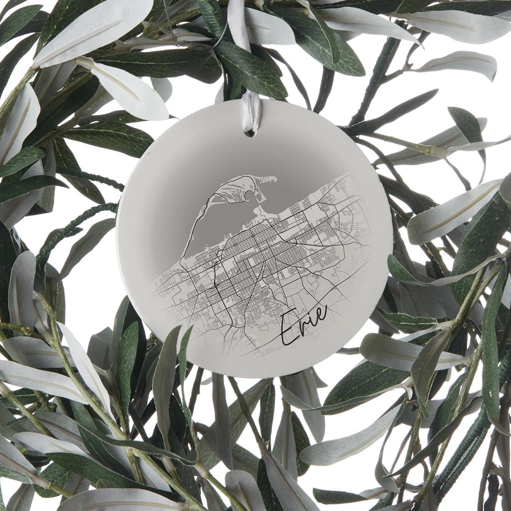 Minimalistic B&W Pennsylvania Erie Circle Map| Wood Ornament | Eaches | Min 6