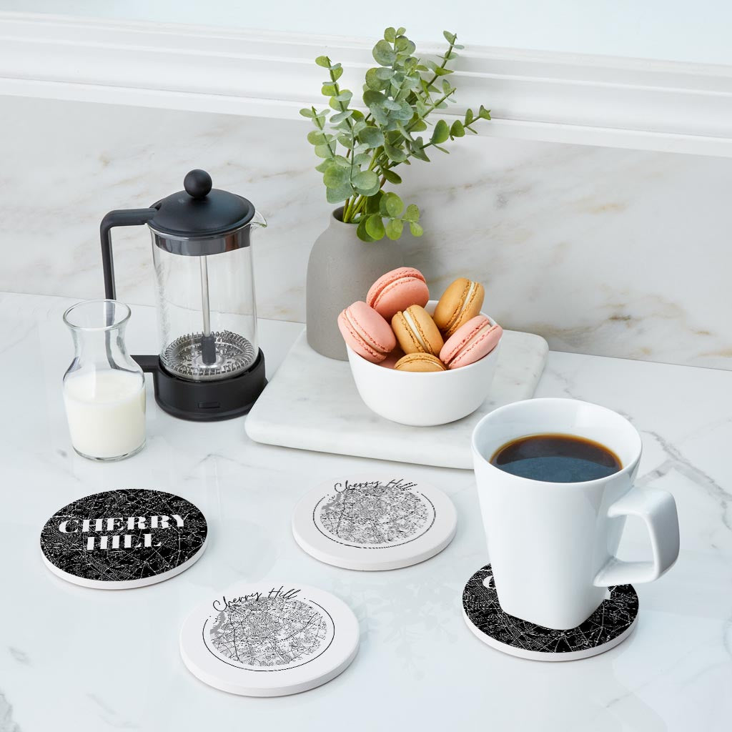 Minimalistic B&W New Jersey Cherry Hill Maps | Absorbent Coasters | Set of 4 | Min 2
