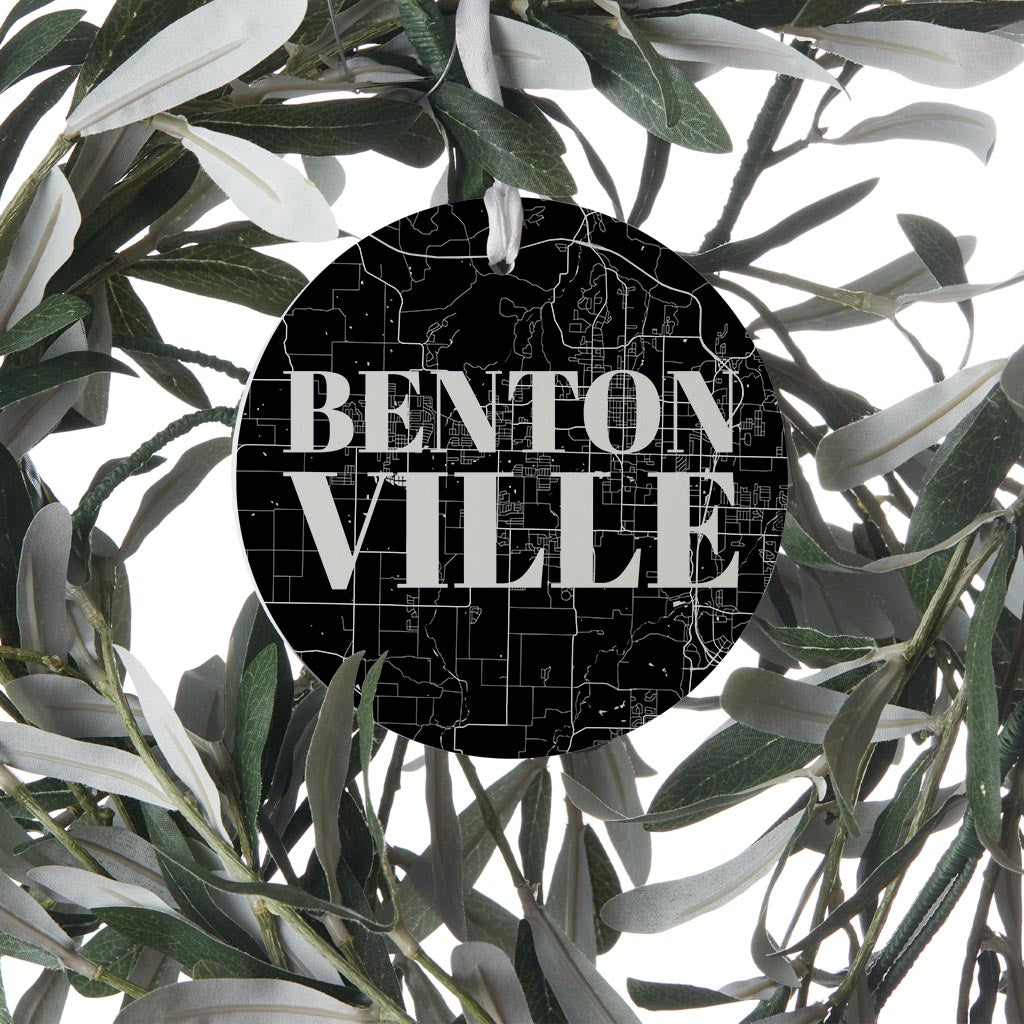 Minimalist B&W Arkansas Bentonville Map | Wood Ornament | Eaches | Min 6