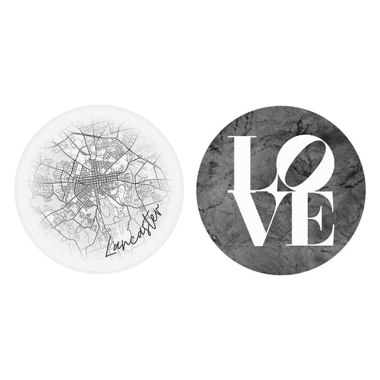 Minimalistic B&W Pennsylvania Lancaster Circle Love| Absorbent Car Coasters | Set of 2 | Min 4