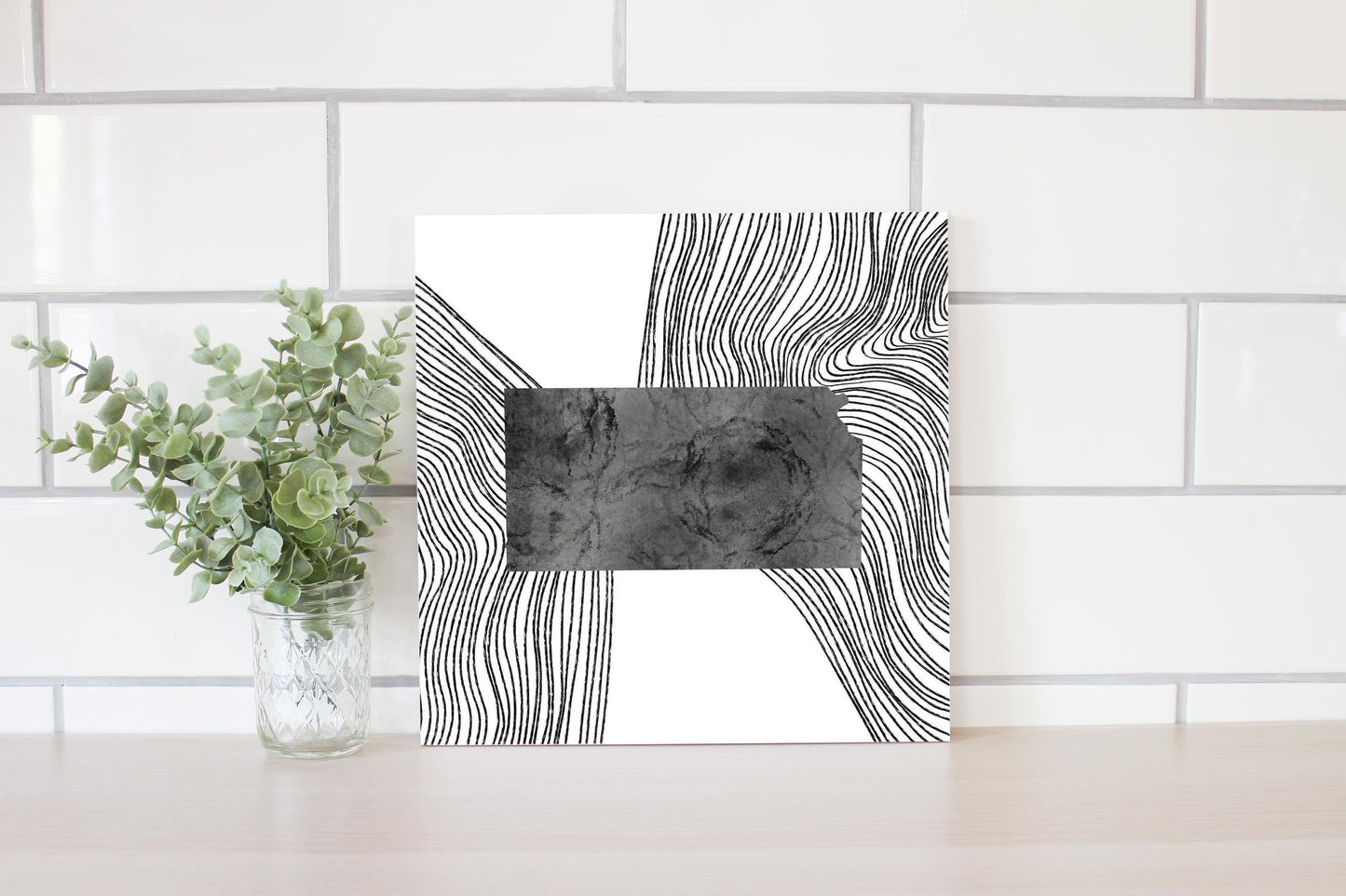 Minimalist B&W Kansas State With Fluid Lines | Wood Sign | Eaches | Min 2