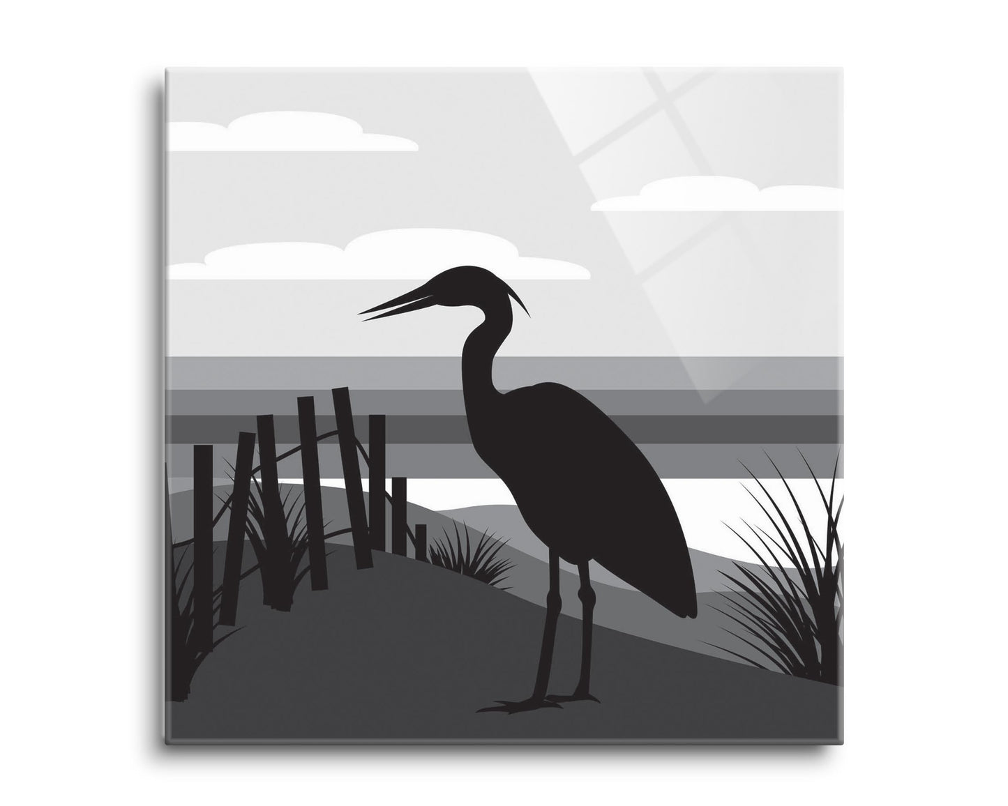 Minimalistic B&W Cape Cod Heron Illustration | Hi-Def Glass Art | Eaches | Min 2