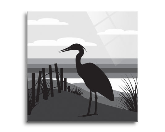 Minimalistic B&W Cape Cod Heron Illustration | Hi-Def Glass Art | Eaches | Min 2
